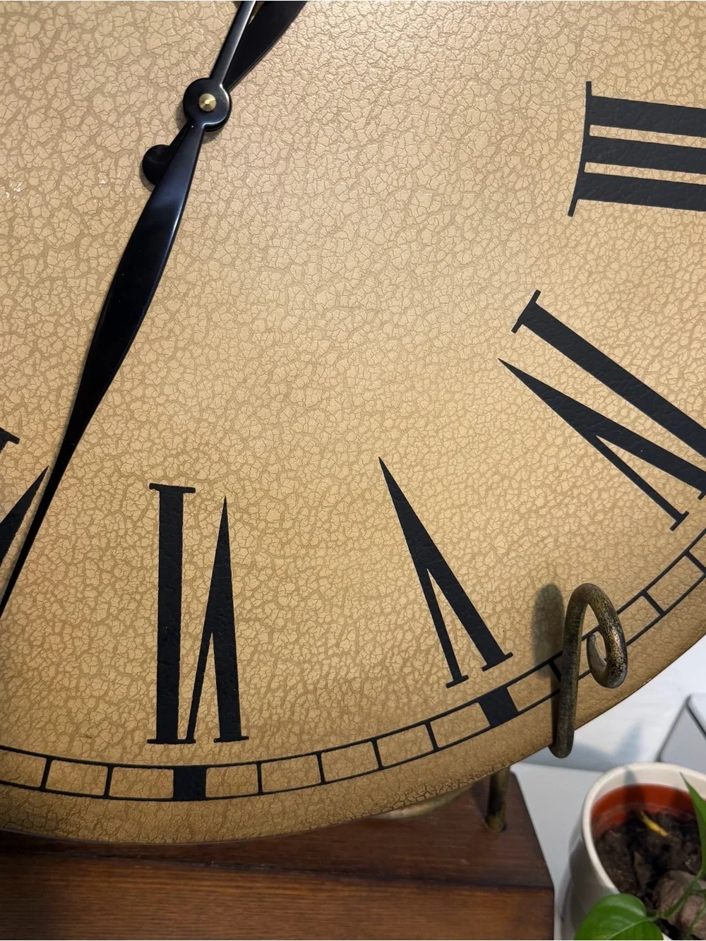 Large Roman Numeral Tabletop Clock with Wrought Iron and wood Stand 25”